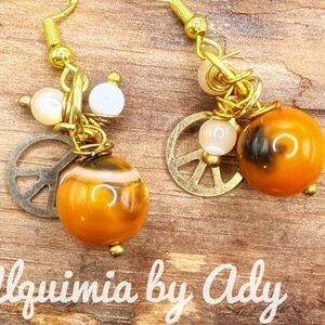 Gold bumblebee agate cluster chandelier charms dangle handmade earrings